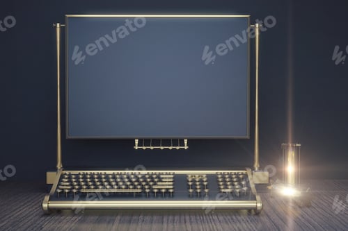 Vista previa: Teclado de máquina de escribir al estilo steampunk sobre una mesa de madera y marco azul en blanco, maqueta