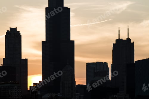 Preview: Dark City Skyscrapers Silhouette On The Sunset, Abstract Wallpaper