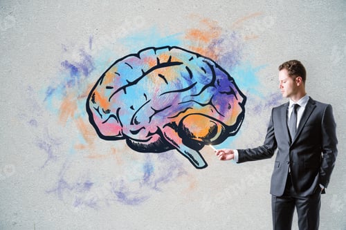 Preview: Handsome Caucasian Businessman Drawing Creative Brain Sketch On Concrete Wall Background. Brain