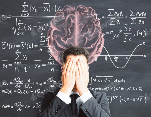 Preview: Stressed Businessman With Drawn Brain On Chalkboard Background With Mathematical Formulas