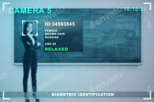 Preview: Security Camera Recognizing Attractive Young European Businesswoman Standing In Blurry Office