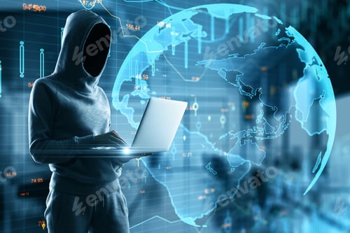 Preview: Hacker Holding Laptop On Abstract Digital Background. Digital Business Interface And Stock Chart
