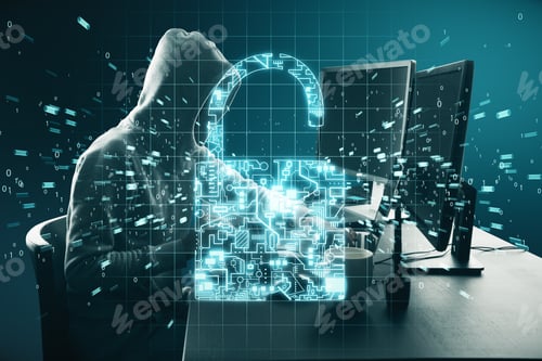 Preview: Hacker Using Computer With Glowing Digital Padlock Interface. Security And Technology Concept.