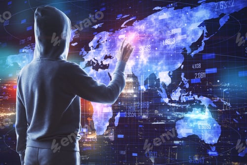 Preview: Hacker Using Interface With Glowing Map On Blurry Dark Background. Data And Hacking Concept. Double
