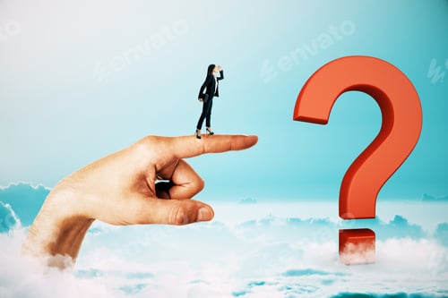 Preview: Businesswoman Standing On Abstract Hand And Red Question Mark And Looking Into The Distance. Blue