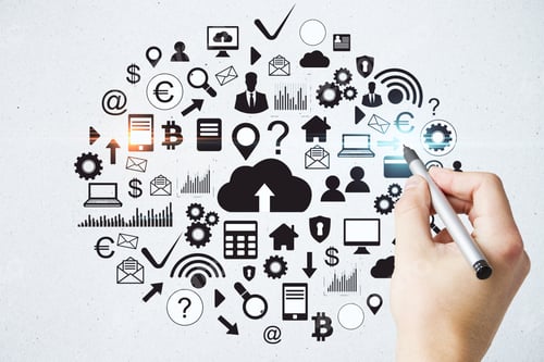 Preview: Hand Drawing Business Computer Cloud Interface On Concrete Wall. Global Business And Media Concept.