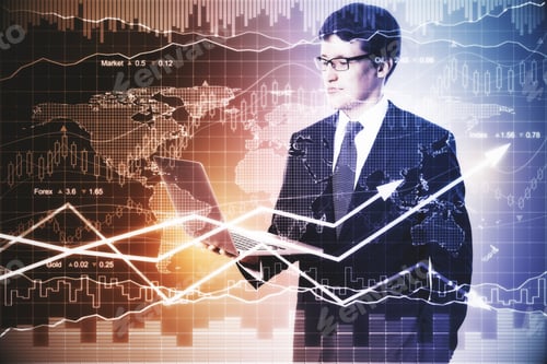 Preview: Businessman Using Laptop On Forex Chart Background. Technology Concept