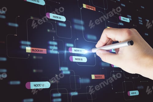 Preview: Computer Technology Concept With Man Hand With Pen Pushing Digital Screen With Node Tree Signs.