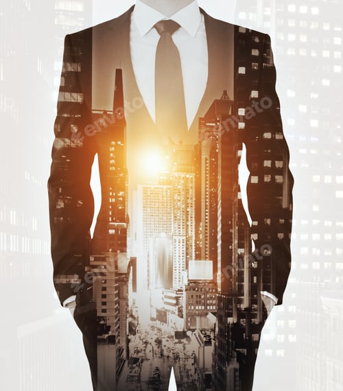 Preview: Front View Of Businessman In Suit On Abstract City Background With Sunlight. Double Exposure