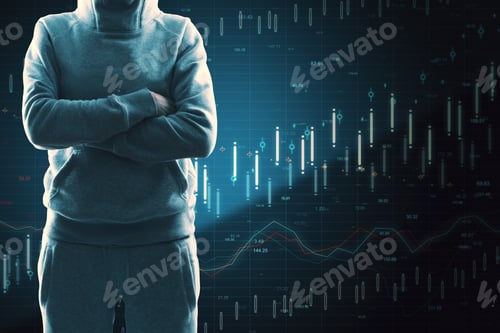Preview: Hacker With Folded Arms Standing On Dark Background With Forex Chart. Malware And Trade Concept