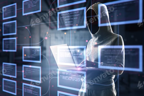Preview: Hacker Standing And Using Laptop With Abstract Creative Coding Programming Hologram On Blurry