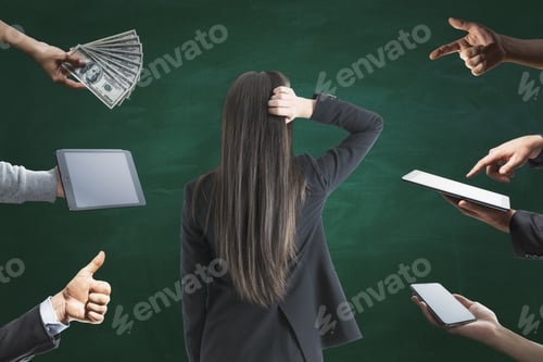 Preview: Abstract Image Of Businesswoman Surrounded With Hands Asking For Things On Chalkboard Wall