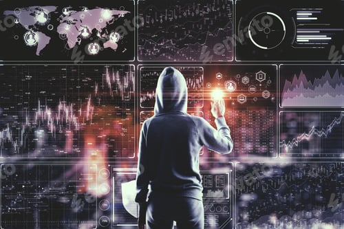 Preview: Hacking And Finance Concept. Hacker With Digital Business Interface On Blurry Night City