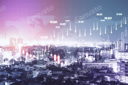 Preview: World Market Exchange Concept With Virtual Screen With Forex Chart Indicators On Night Cityscape