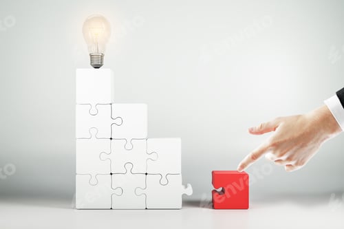 Preview: Businessman Assembling Jigsaw Ladder With Lamp. Idea, Quiz And Solution Concept.