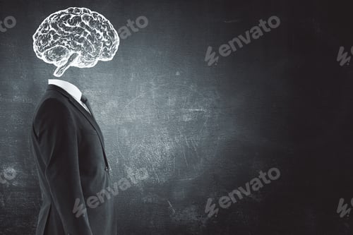 Preview: Brain Headed Businessman Standing On Concrete Wall Background With Copy Space. Intelligence Concept