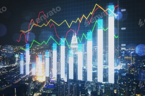 Preview: Growing Stock Chart With Business Statistics On Blurry Night City Background. Trade And Investment