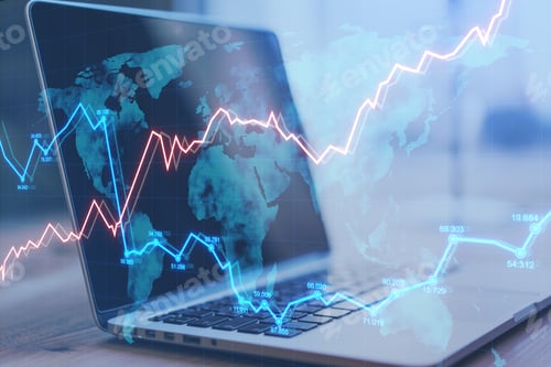 Preview: Close Up Of Laptop On Desktop With Abstract Forex Chart And Map. Fintech, Market And Data Exchange