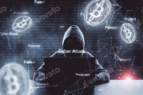Preview: Hacker Working On Laptop With Abstract Bitcoin Icon On Dark Background. Cryptocurrency And Payment