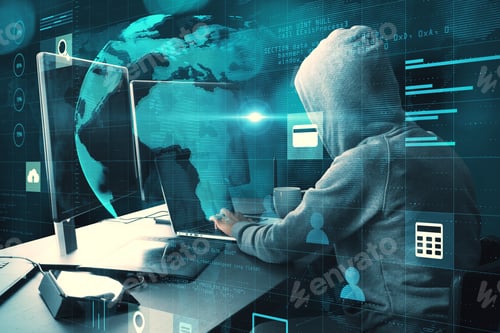Preview: Hacker At Desk With Monitors Using Laptop With Creative Glowing Globe Hologram Grid Interface On