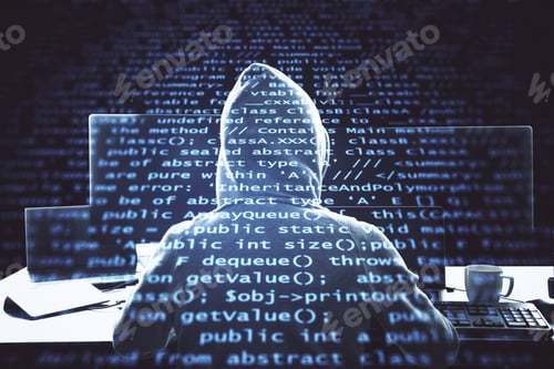 Preview: Programmer Using Computer With Programming Code. Safety And Programming Concept. Double Exposure