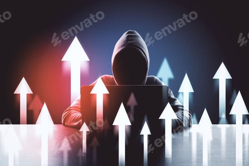 Preview: Hacker In Hoodie At Desktop Using Laptop With Abstract Digital Arrow Interface On Dark Background