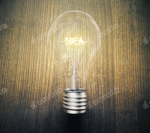 Preview: Glowing Lightbulb On Wooden Table, Idea Concept