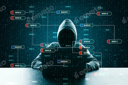 Preview: Hacker At Desktop Using Laptop With Creative Glowing Big Data Interface. Virus And Futuristic