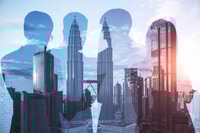 Preview: Abstract Businessmen Group Standing On Glowing City Background. Teamwork, Meeting And Deal Concept