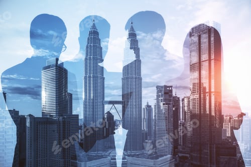 Preview: Abstract Businessmen Group Standing On Glowing City Background. Teamwork, Meeting And Deal Concept