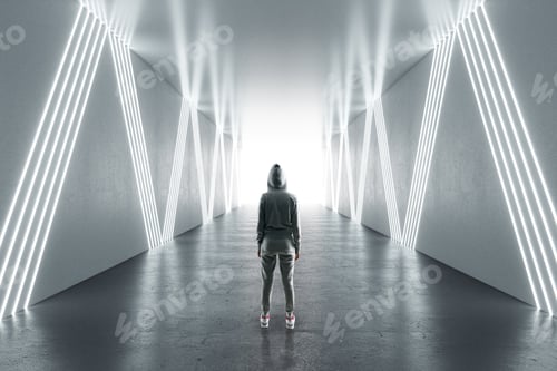 Preview: Young Female Hacker In Futuristic Hallway. Malware And Hacking Concept.