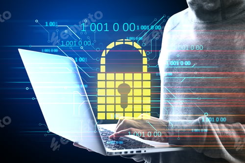 Preview: Hacker Holding Laptop With Glowing Padlock Hologram. Hacking And Antivirus Concept.