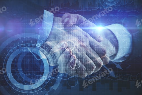 Preview: Close Up Of Handshake And Digital Pattern On Business Chart Background. Teamwork Concept. Double