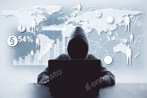 Preview: Unrecognizable Hacker Using Computer With Digital Business Interface. Hacking And Data Concept