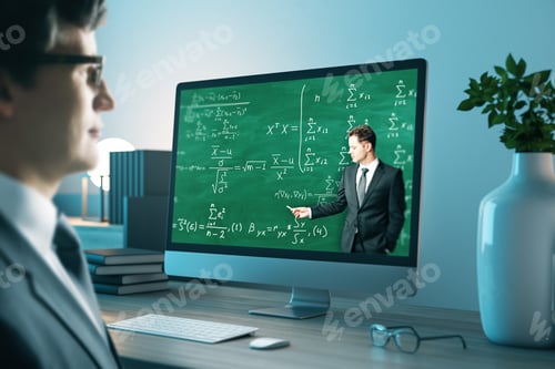 Preview: Young Business Man At Office Desk Looking At Computer Screen With Online Education Chalkboard And