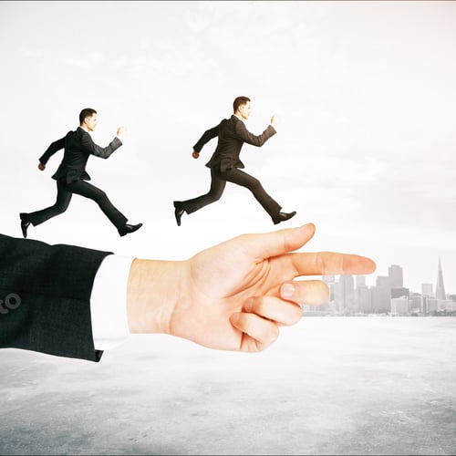 Preview: Guidance Concept With Businessmen Running On Abstract Arm Pointing Forward On Foggy City Background