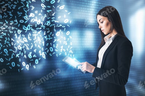 Preview: Attractive Young European Businesswoman Using Laptop With Creative Binary Code On Blurry