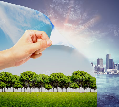 Preview: Abstract Image Of Hand Flipping Page With Landscape, Opening Page With City. Urbanization Concept