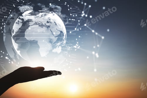 Preview: Close Up Of Backlit Female Hand Holding Abstract Glowing Polygonal Globe On Blurry Sunset