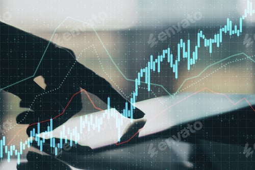 Preview: Close Up And Side View Of Hand Using Of Tablet On Desktop With Reflections And Abstract Forex Chart
