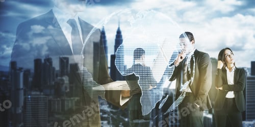 Preview: Attractive European Businesspeople Working Together On Abstract City Background With Laptop And