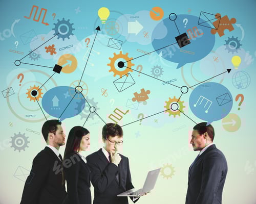 Preview: Attractive Businesspeople With Laptop Standing On Abstract Blue Background With Creative