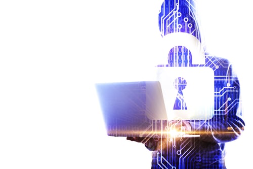 Preview: Side View Of Hacker Using Laptop With Glowing Circuit Padlock On White Background. Protection And