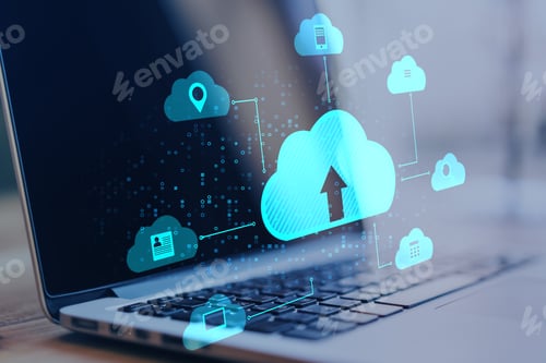 Preview: Close Up Of Laptop At Desktop With Abstract Digital Cloud On Blurry Background. Cloud Computing