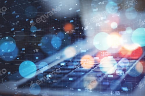 Preview: Big Data And Technology Concept. Close Up Of Laptop With Creative Digital Numbers Mesh On Blurry