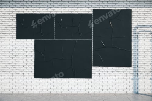 Preview: Blank Three Black Billboards On Loft Style Brick Wall. Presentation Concept. Close Up