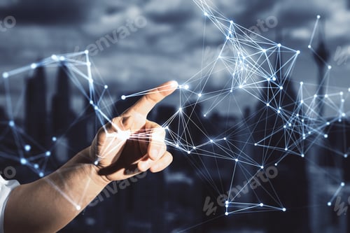 Preview: Hand Touches Creative Polygonal Interface. Communication And Teamwork Concept. Multiexposure