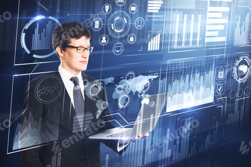 Preview: Businessman Using Laptop With Digital Business Interface. Future, Innovation And Finance Concept
