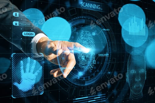 Preview: Businessman Hand Pointing At Abstract Glowing Finger Scanning Hologram On Dark Background