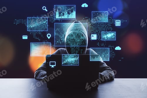 Preview: Hacker Using Laptop With Digital Finance And Data Protection Interface. Protection Concept. Double